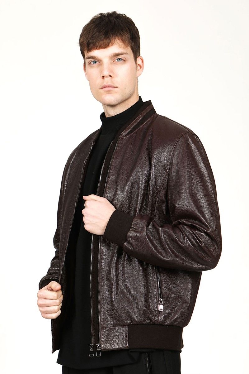 Muška jakna od prave kože - tamno smeđa #319129