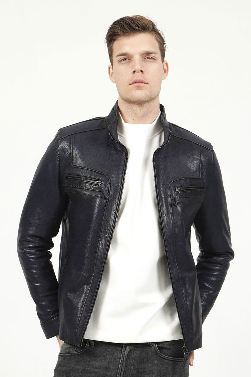 Men's Real Leather Jacket - Dark Blue #317600