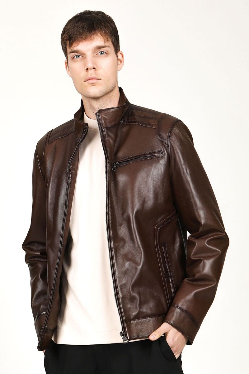 Muška jakna od prave kože E-1044 - tamno smeđa #317664