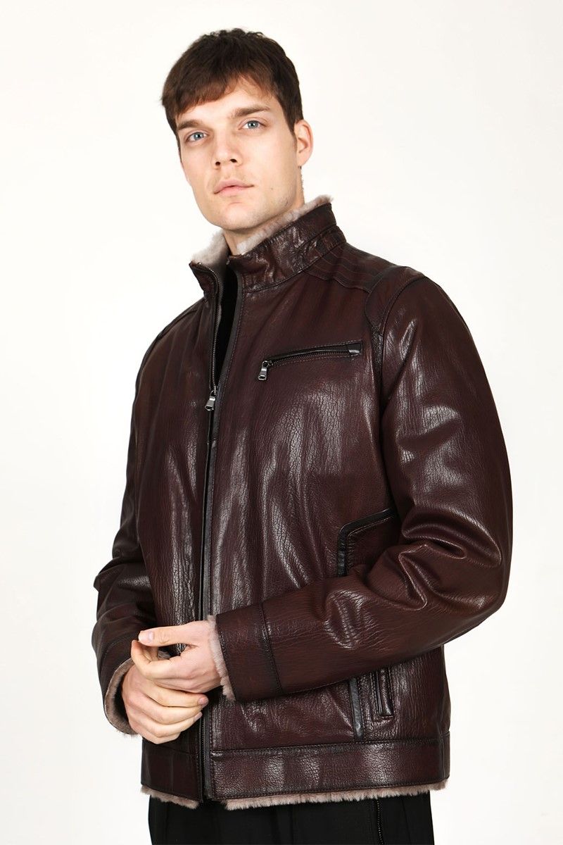 Muška jakna od prave kože s toplom postavom E-1044 - tamno smeđa #317667