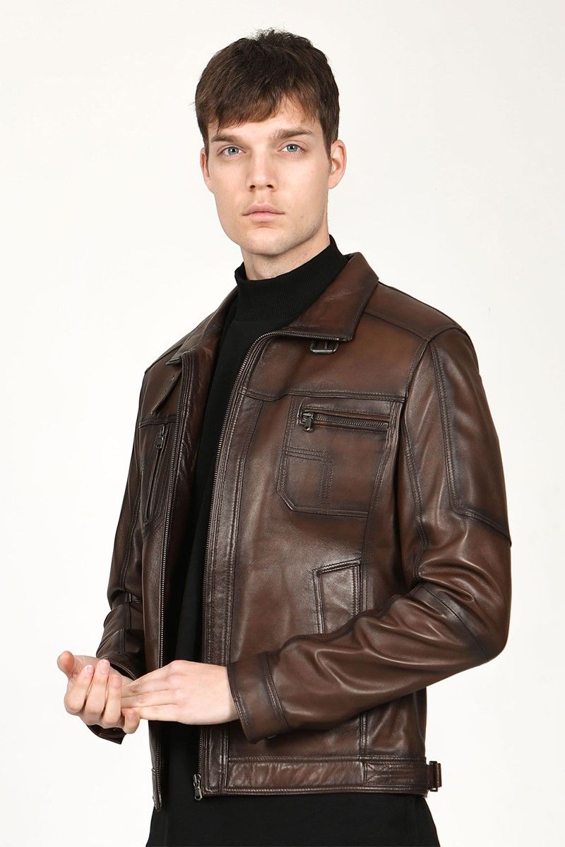 Muška jakna od prave kože E-1047 - tamno smeđa #317674