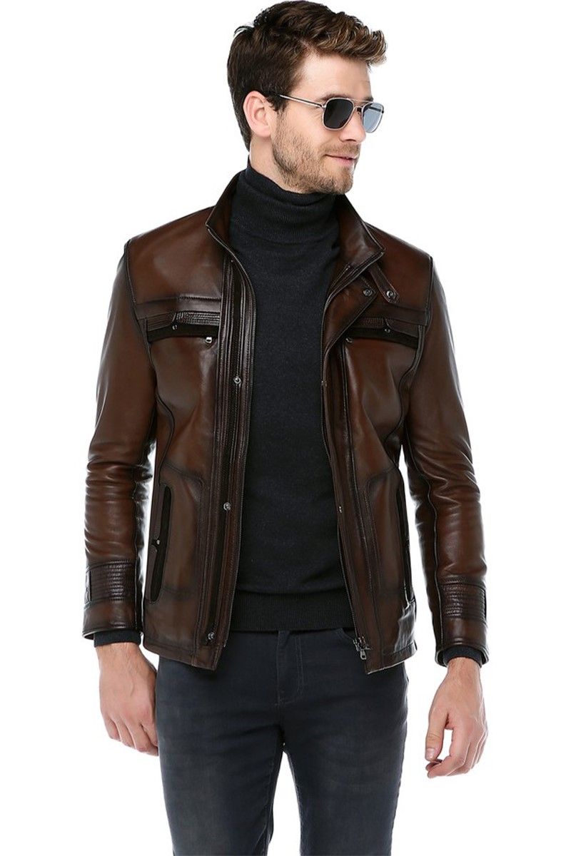 Muška jakna od prave kože E-1081 - tamno smeđa #318239