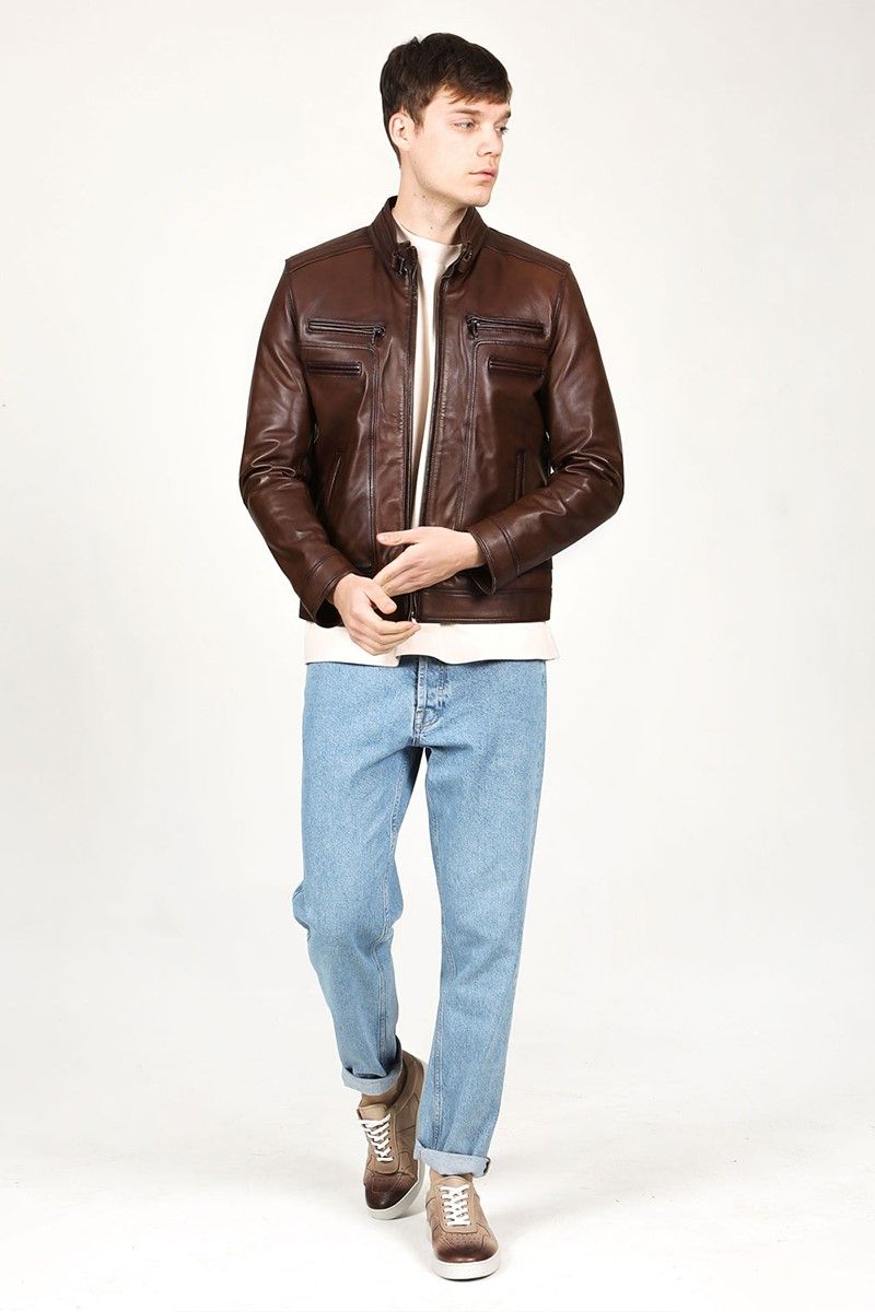 Muška jakna od prave kože E-1084 - smeđa #318250