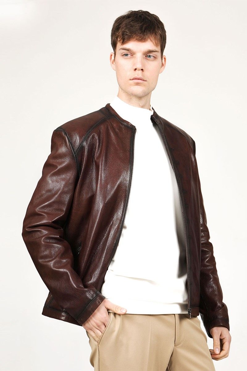 Muška jakna od prave kože E-1099 - tamno smeđa #318632