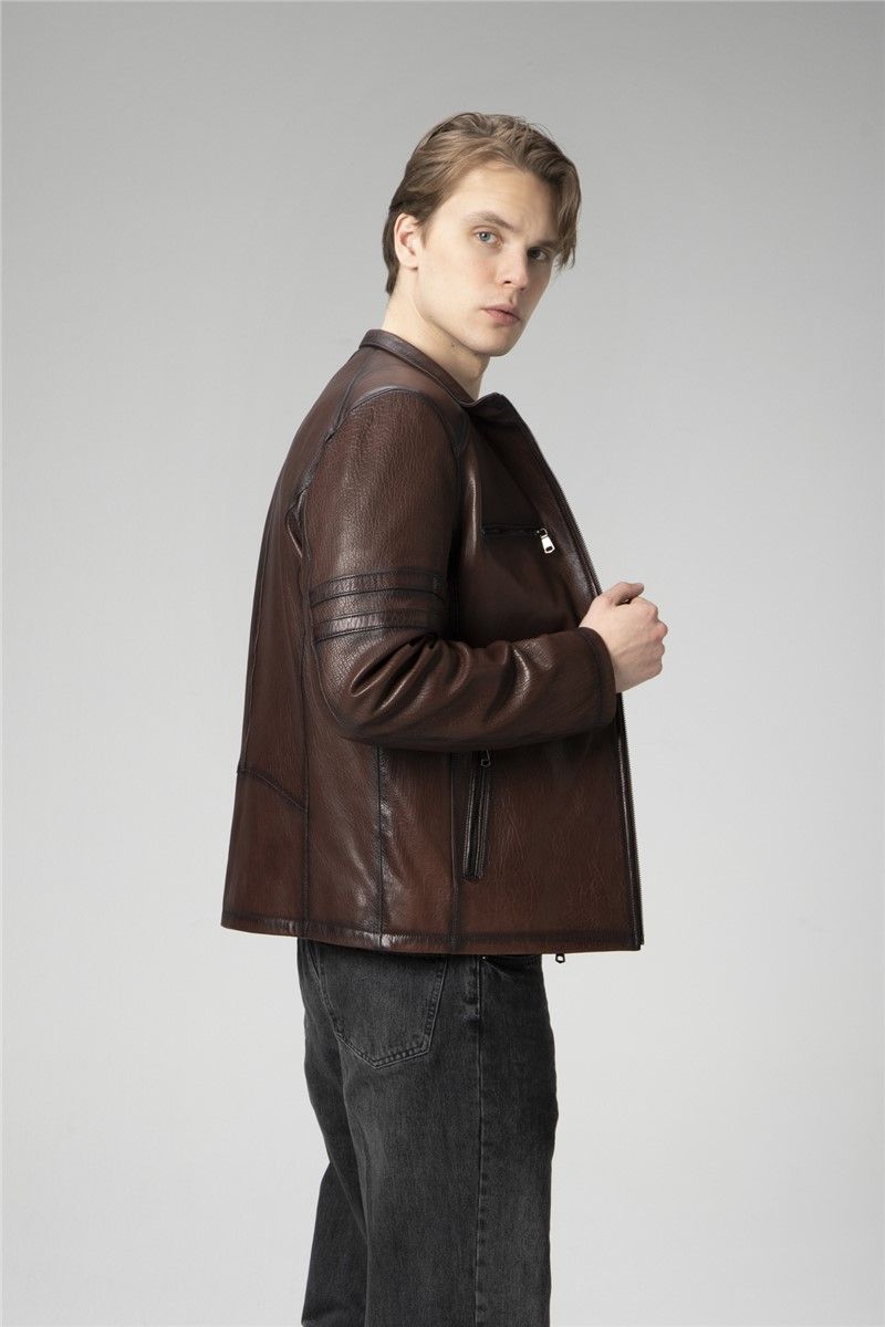Muška jakna od prave kože E-2214 - tamnosmeđa #334690