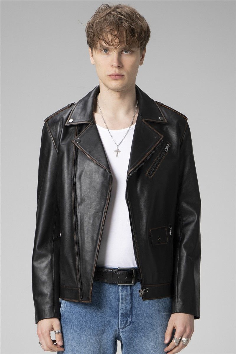 Men's Genuine Leather Jacket E 7501 - Black #358871