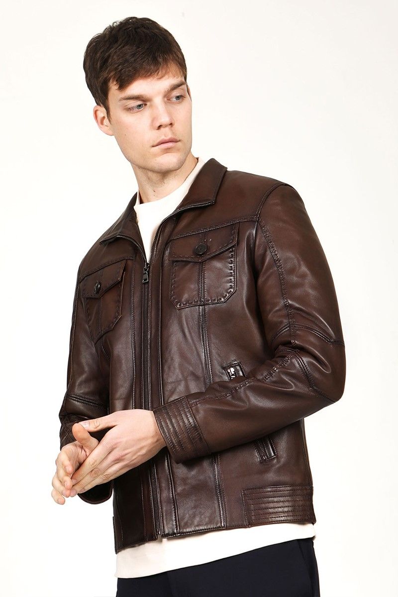 Muška jakna od prave kože E-945 - tamno smeđa #319088
