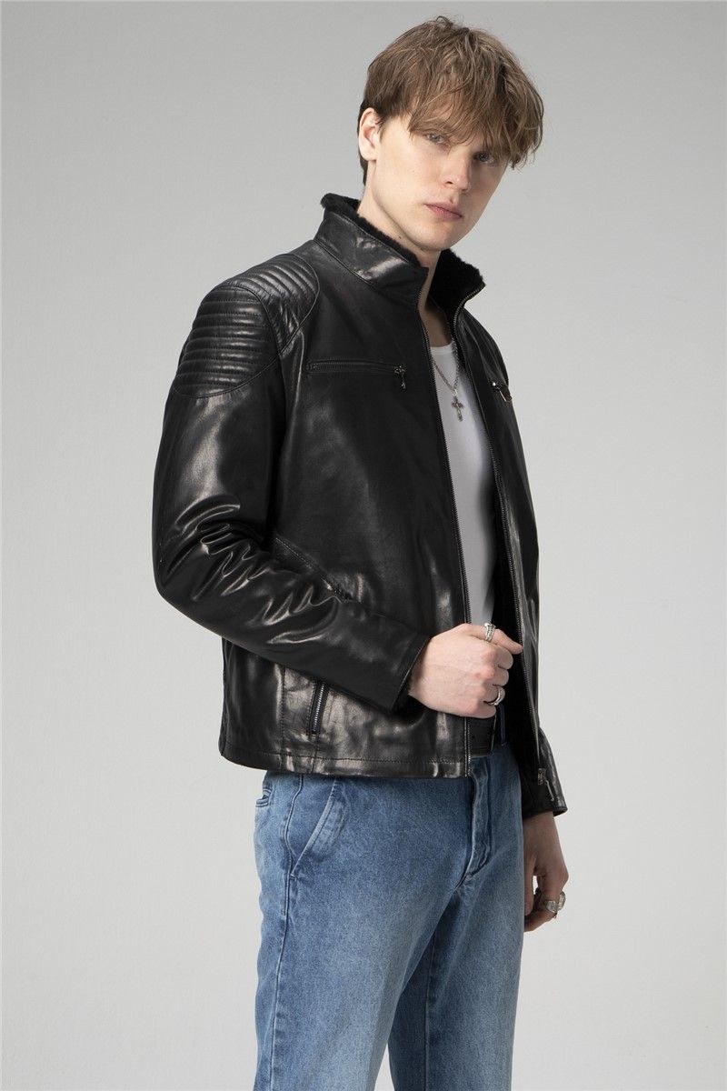 Men's Genuine Leather Padded Jacket E2201 - Black #334681