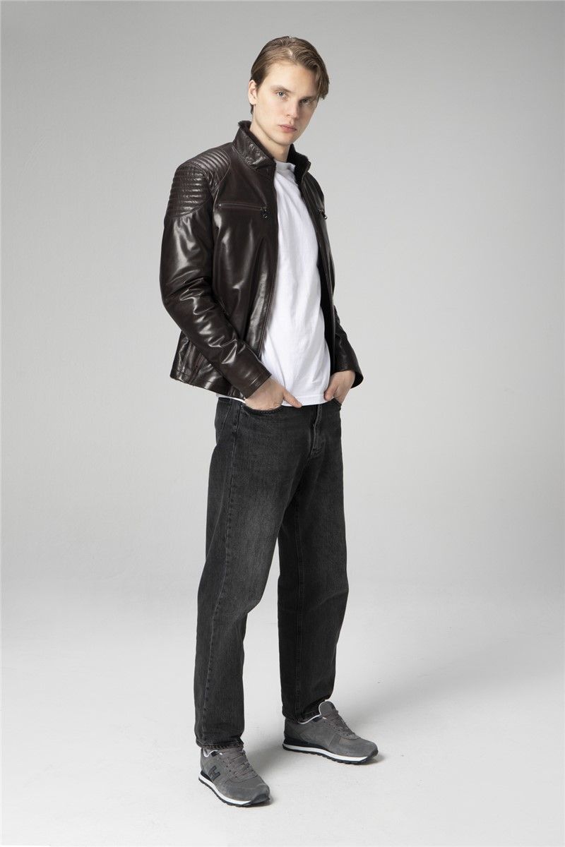 Muška podstavljena jakna od prave kože E2201 - tamno smeđa #358132