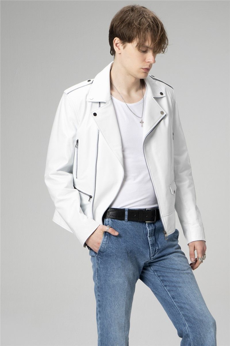Men's Genuine Leather Jacket E2207 - White #334682