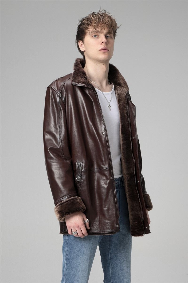 Muški kaput od prave kože E2209 - tamno smeđi #334684