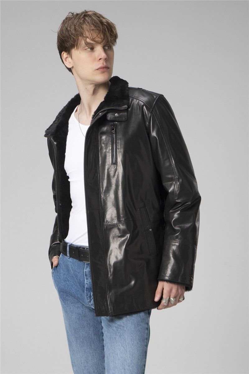 Muški podstavljeni kaput od prave kože E2209 - crni #358857