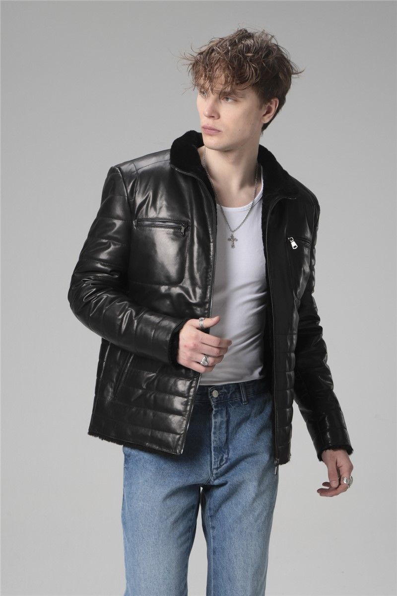 Men's Genuine Leather Coat E2211 - Black #334688