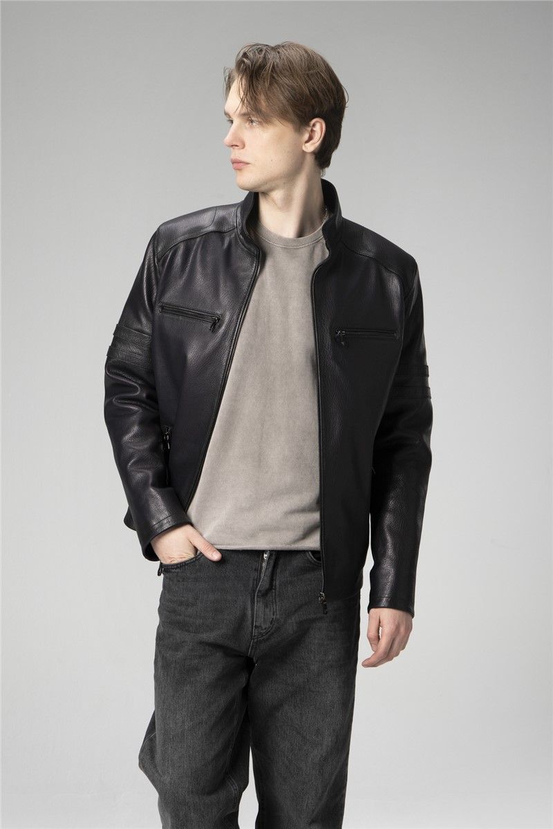 Muška jakna od prave kože E2214 - tamnoplava #358131