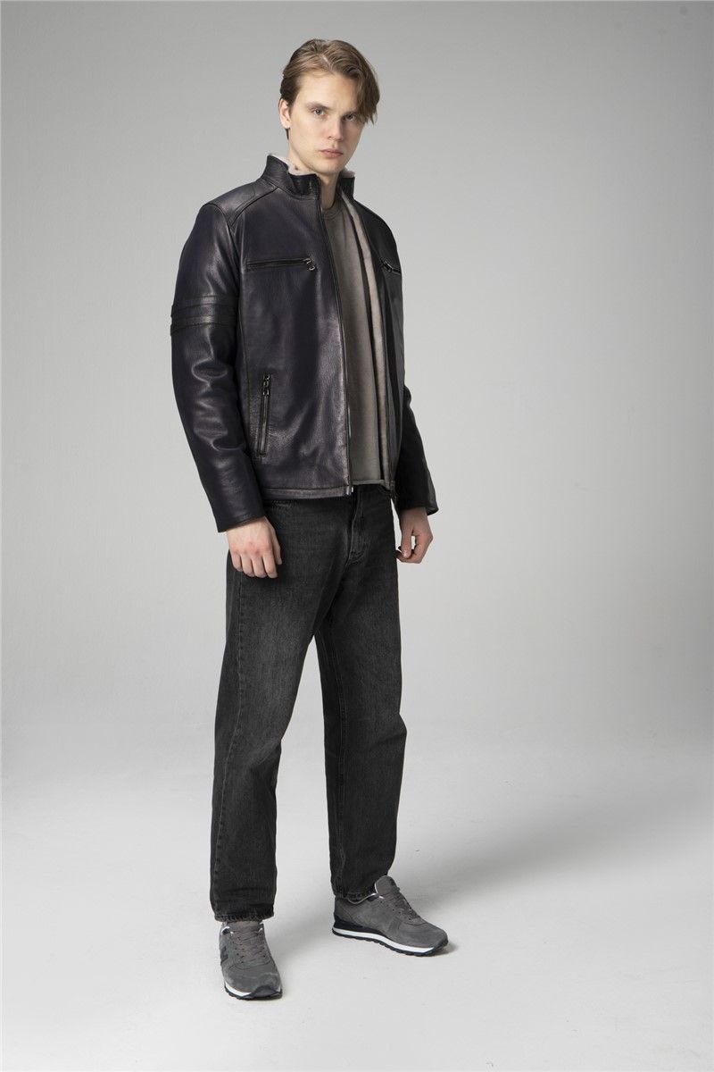 Men's Genuine Leather Padded Coat E2214 - Dark Blue #358130
