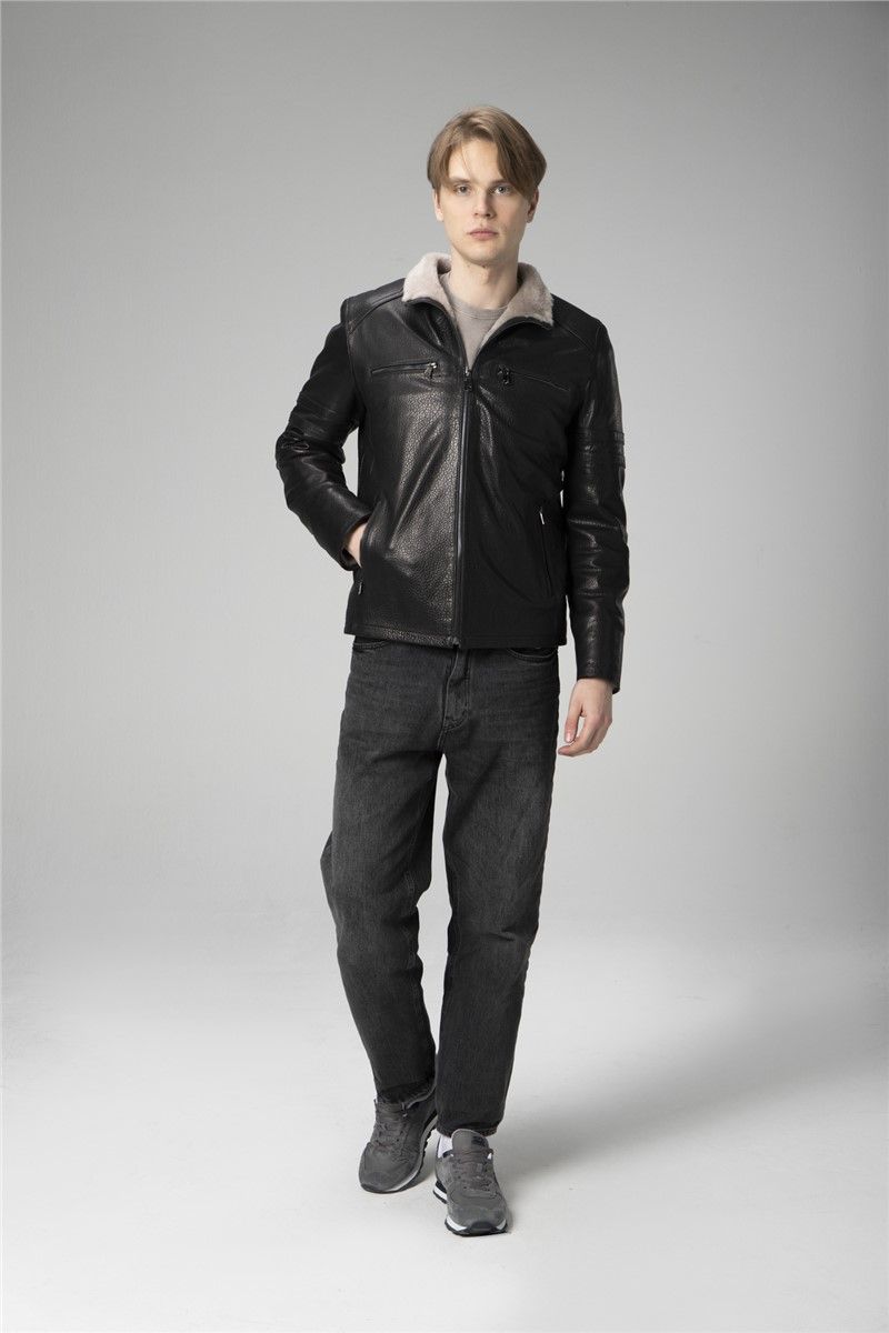 Men's Genuine Leather Coat E2214 - Black #358872