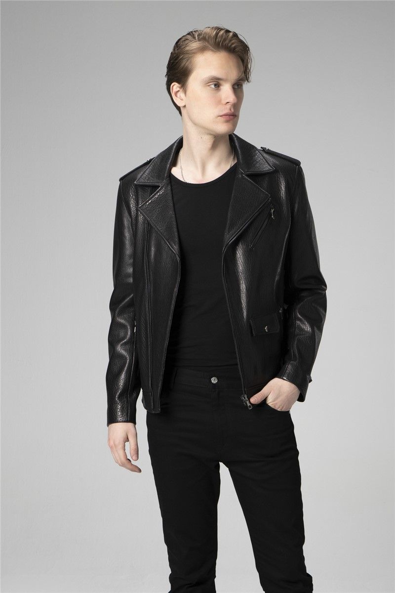 Men's Genuine Leather Jacket E7501 - Black #334691
