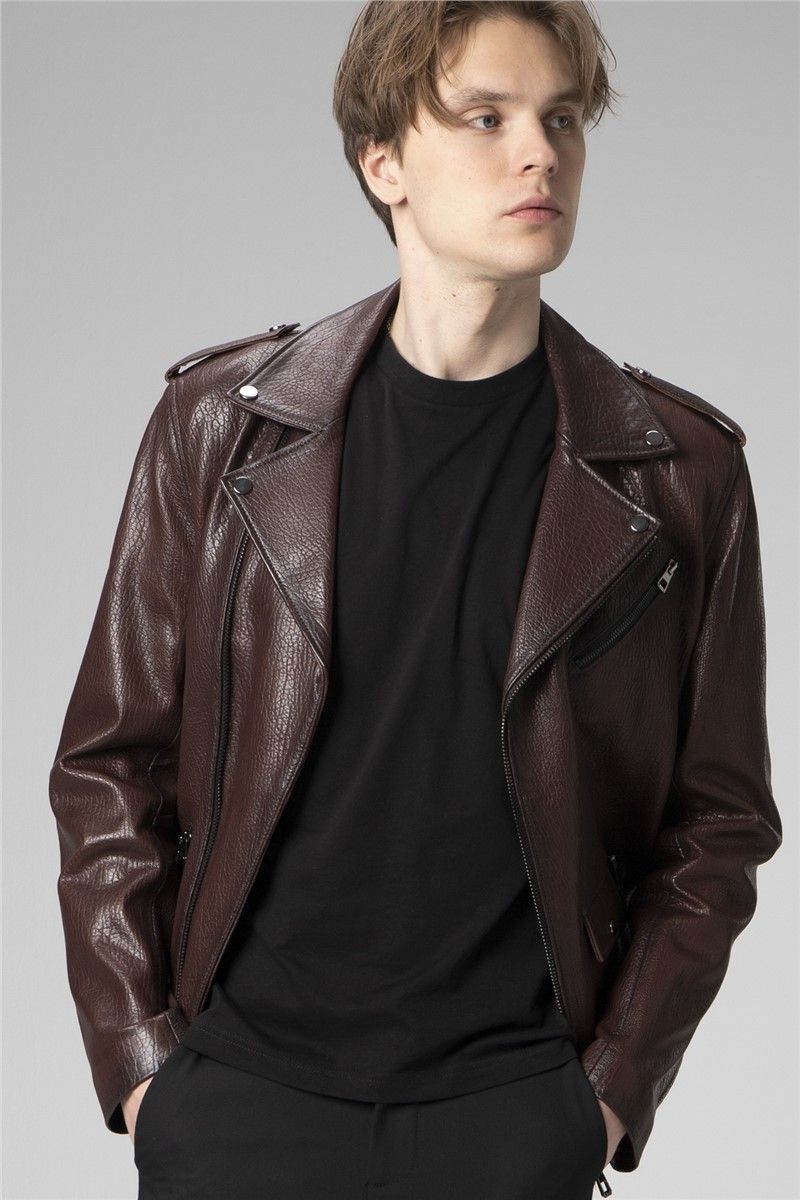 Muška jakna od prave kože E7501 - tamno smeđa #358870