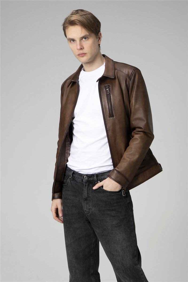 Muška jakna od prave kože E7502 - smeđa #358134