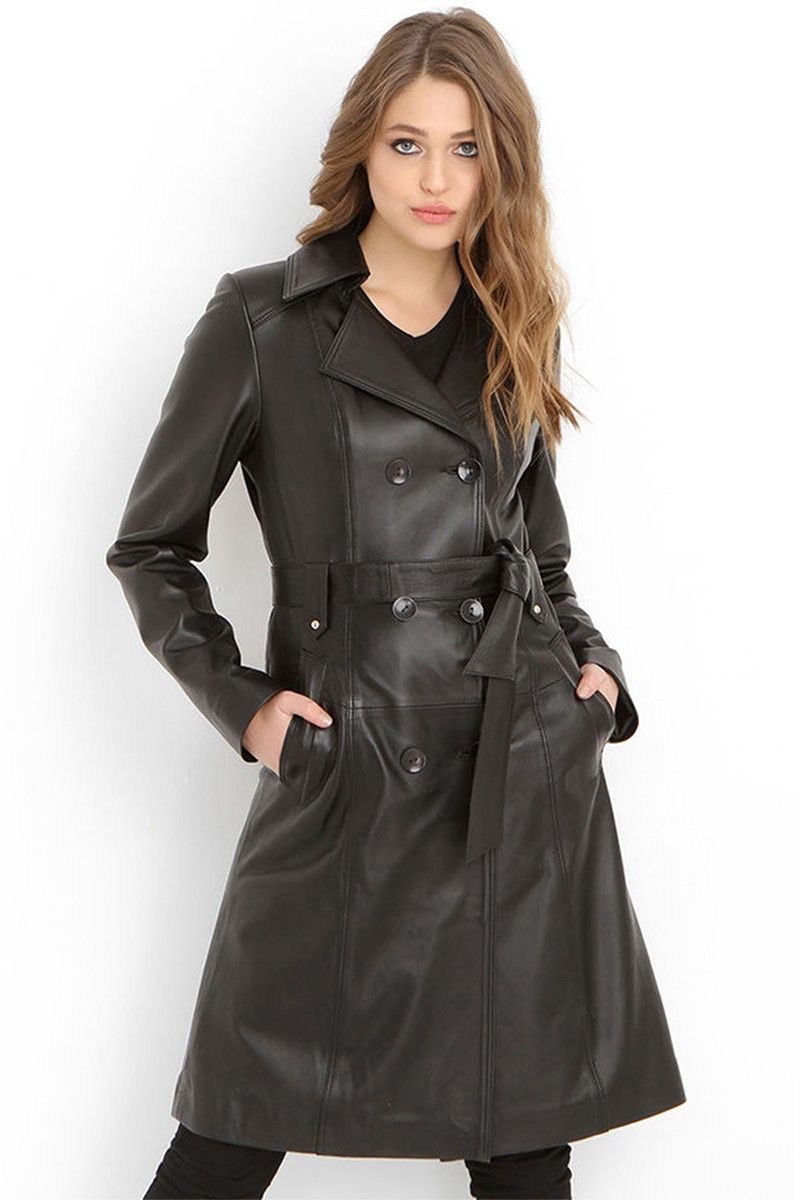 Дамски шлифер от естествена кожа F-265 - Черен #317693