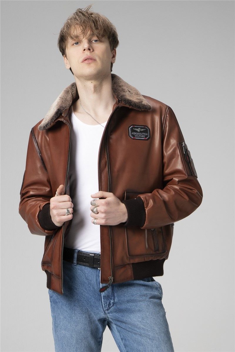 DERİCLUB Men's Genuine Leather Jacket with Scrawl Collar - Brown #361592