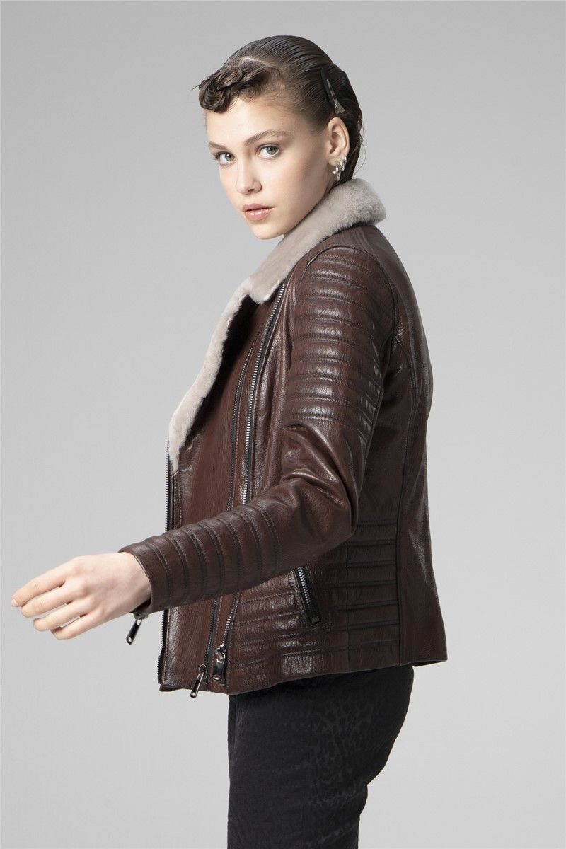 Women's Genuine Leather Jacket with Scrawl Collar K2371 - Dark Brown #358911