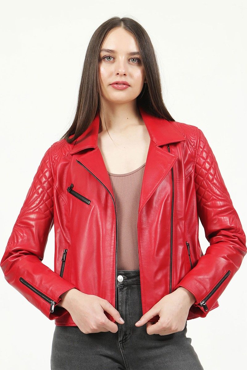 Women's Real Leather Jacket - Red #318045