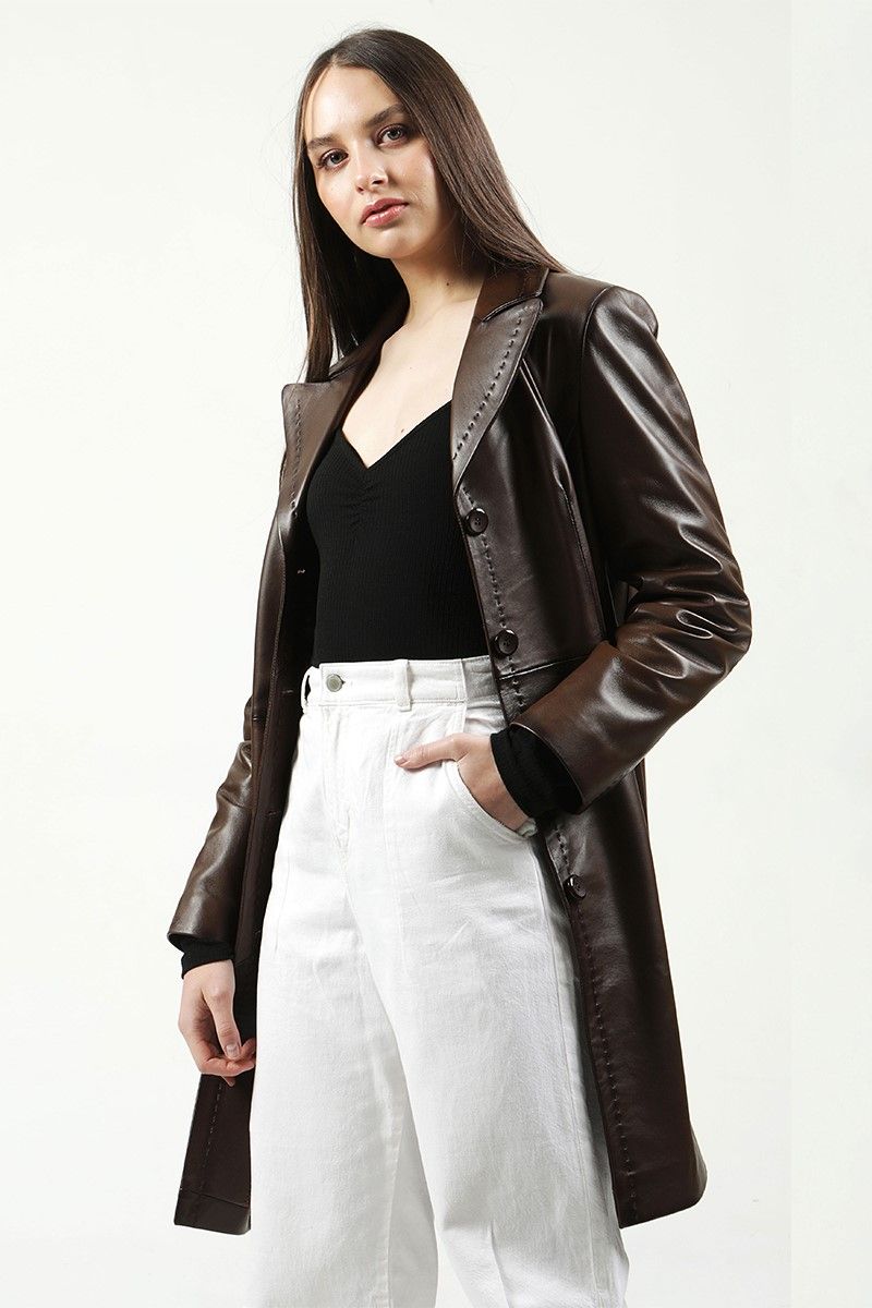 Women's Real Leather Coat - Dark Brown #318380