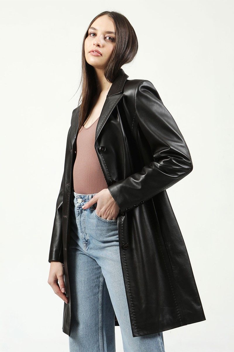 Women's Real Leather Coat - Dark Brown #318382