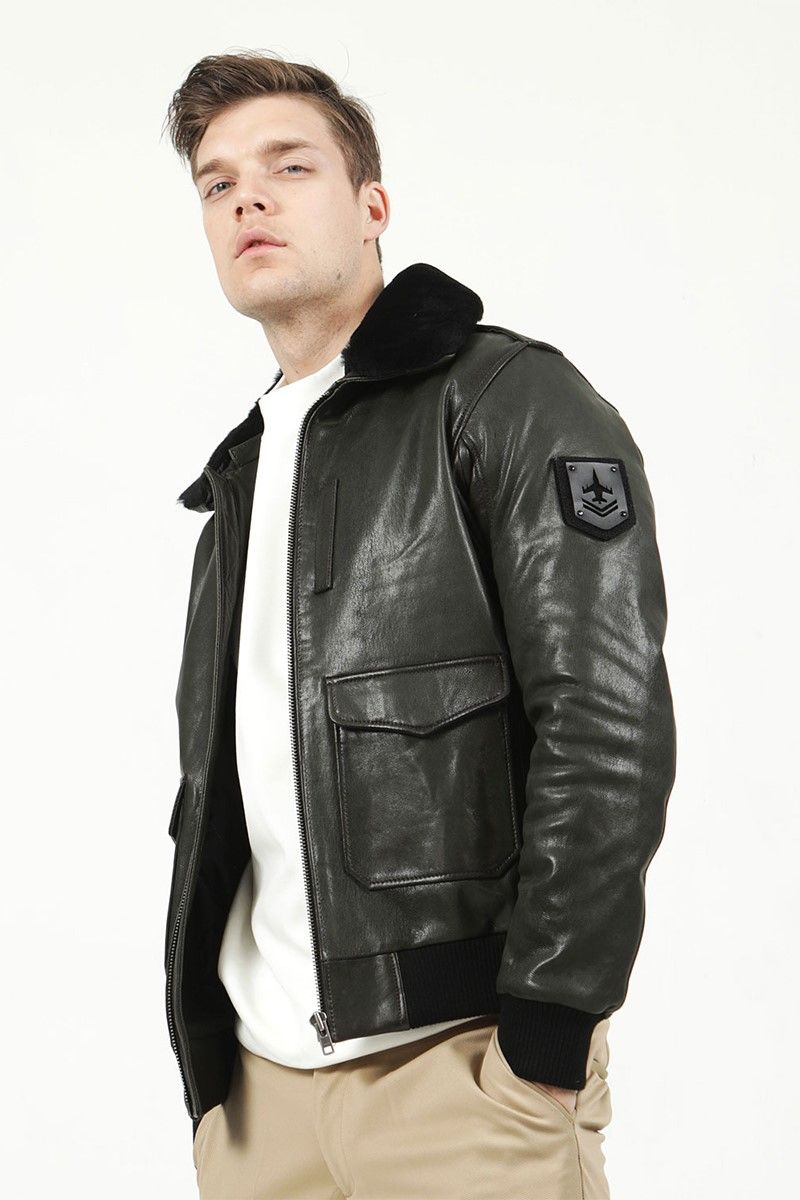 Men's leather jacket - Dark green #323521