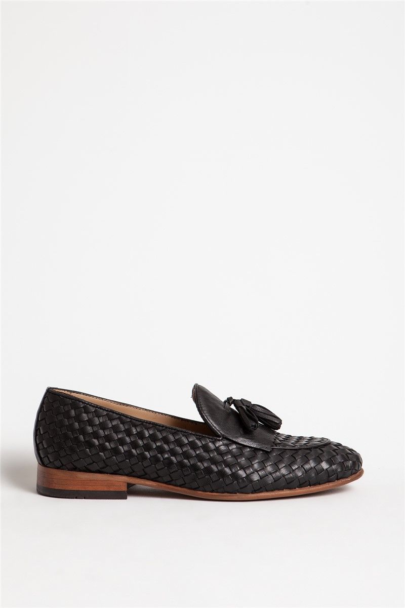 Men's Real Leather Embossed Tassel Kiltie Loafers - Black #318974