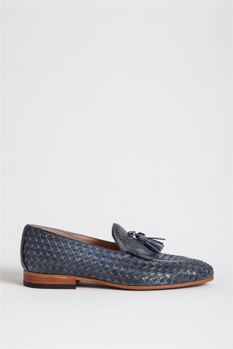Men's Real Leather Embossed Tassel Kiltie Loafers - Blue #318975