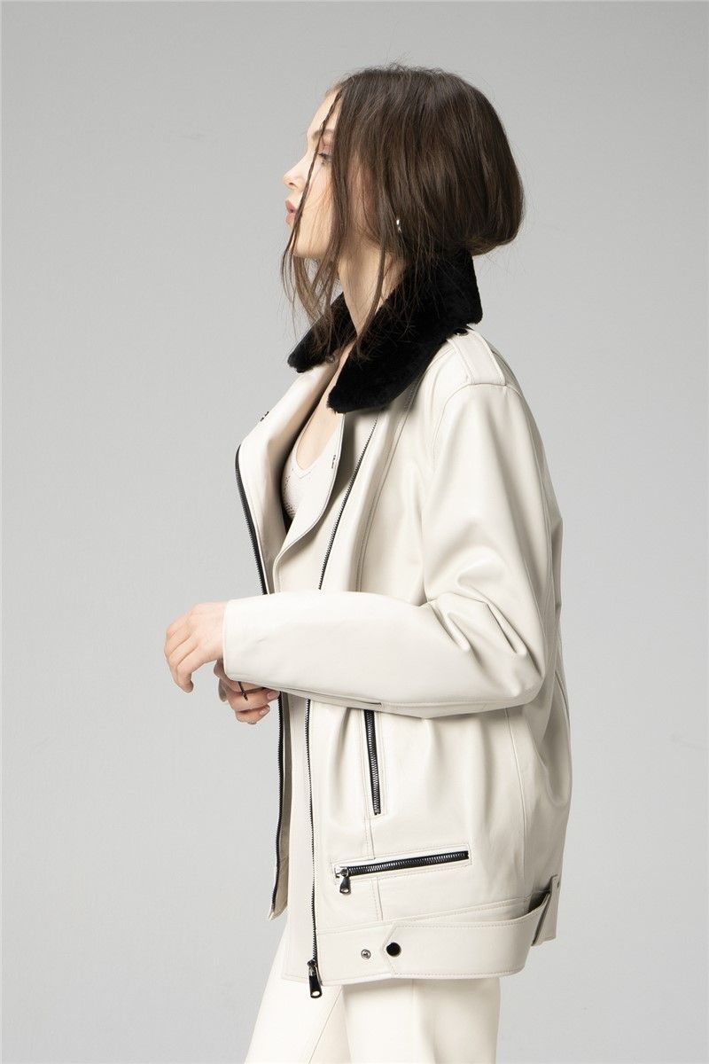 Women's Genuine Leather Jacket WM020 - Light Beige #358229