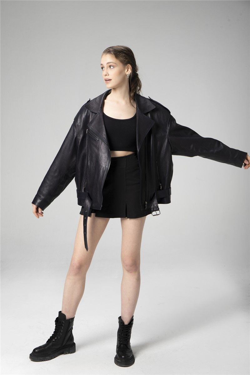 Women's Oversize Genuine Leather Jacket WM031- Black #358233
