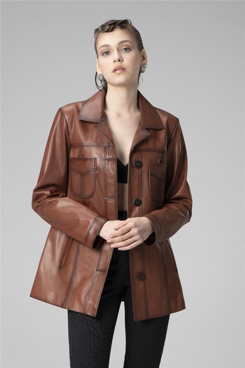 Women's Genuine Leather Jacket WM032 - Brown #358236