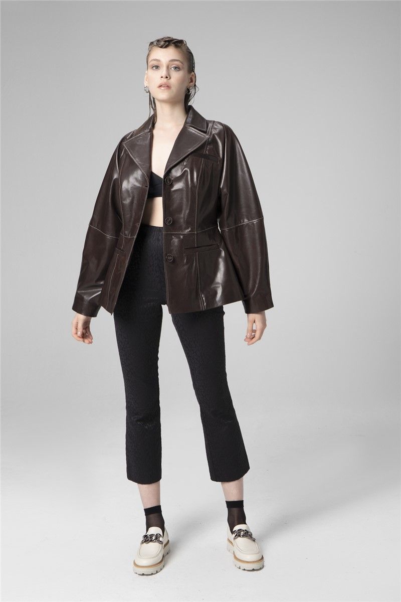 Women's Long Sleeve Genuine Leather Jacket WM050 - Dark Brown #358168
