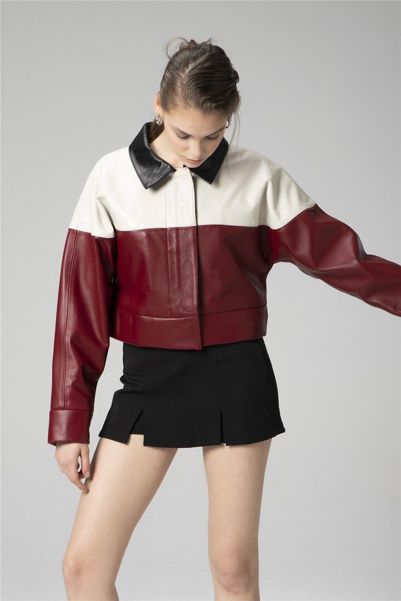 Women's Genuine Leather Jacket WM053 - Burgundy-Beige #358170