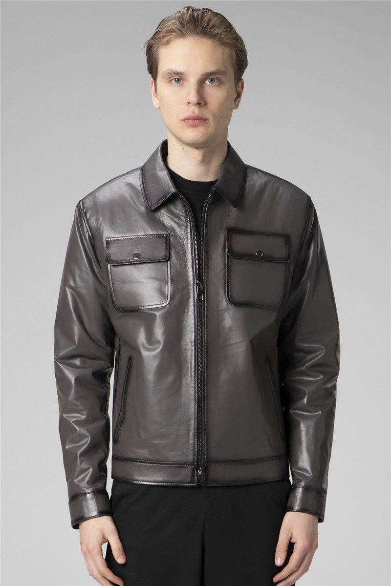 Muška jakna od prave kože WM218 - tamnosiva #358189
