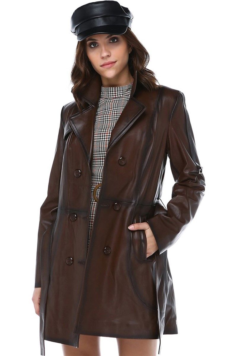 Women's Real Leather Coat - Dark Brown #319281