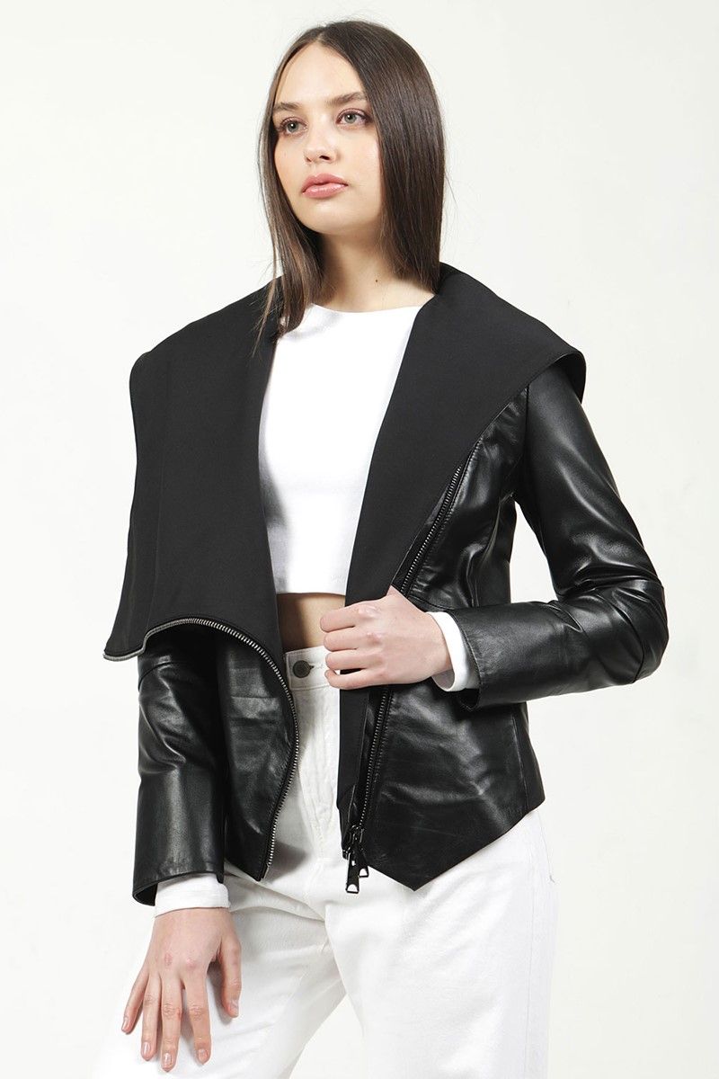 Women's Real Leather Jacket - Black #319287