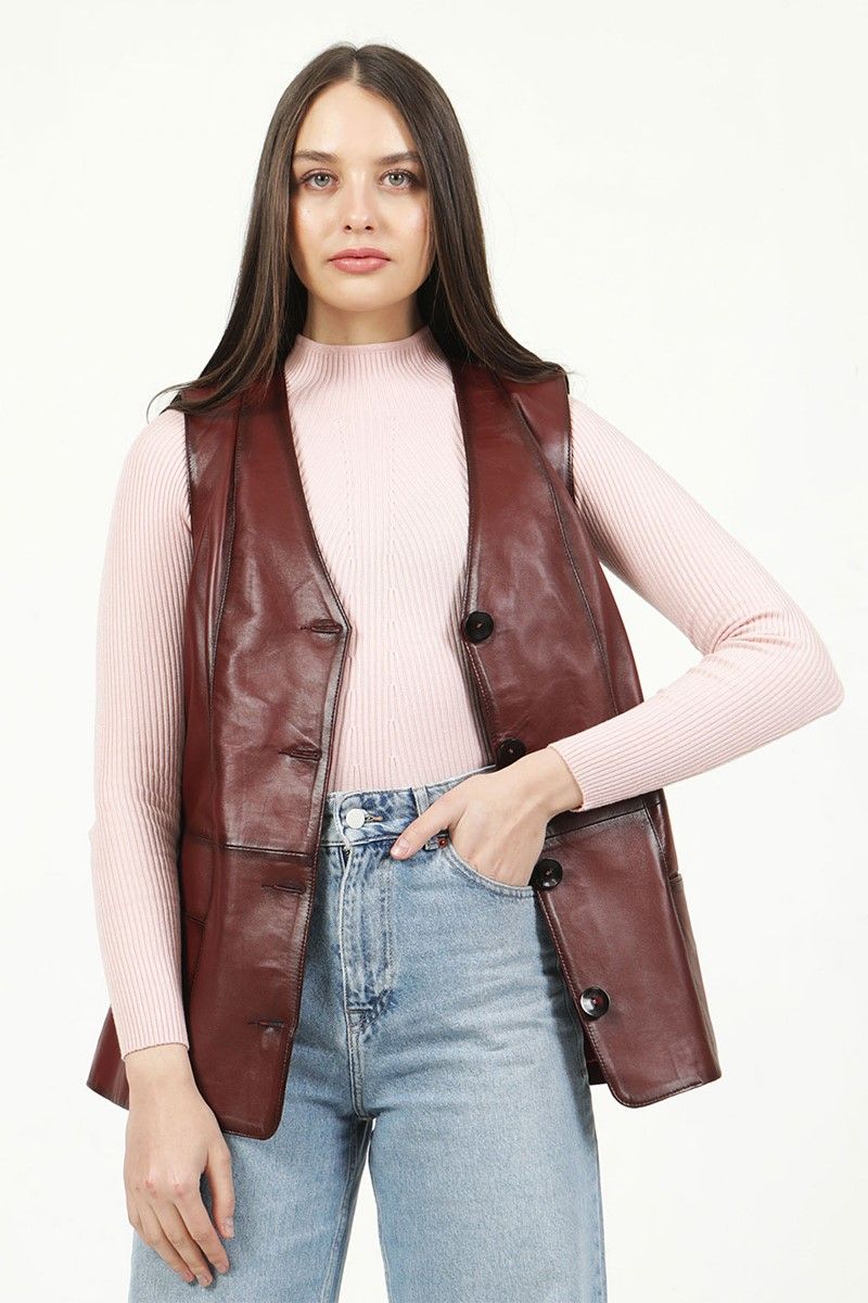 Women's Real Leather Gilet - Burgundy #319296