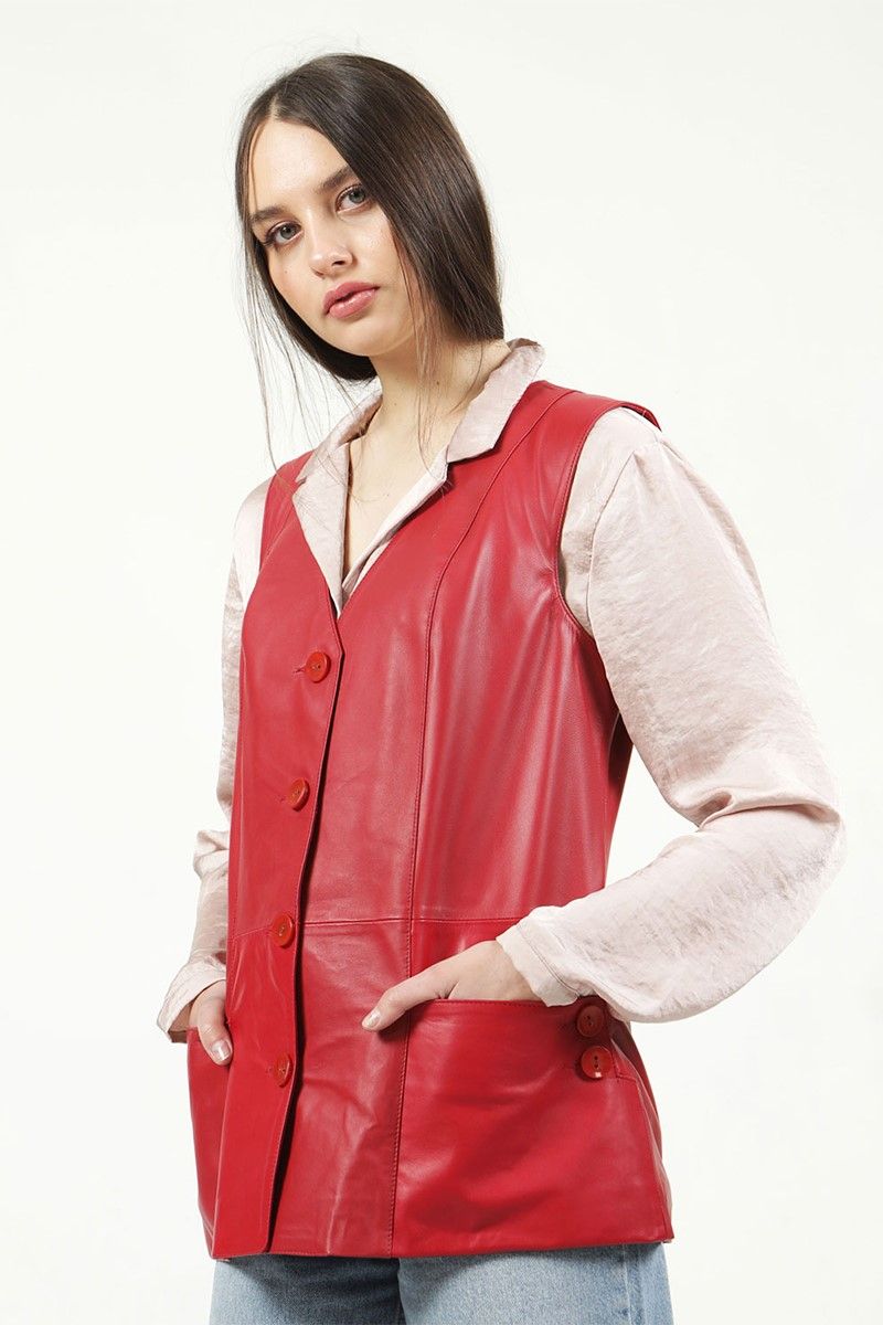 Women's Real Leather Gilet - Red #319301
