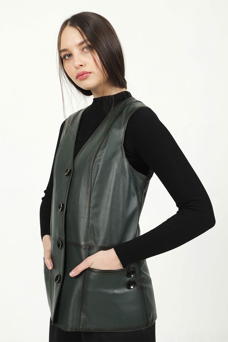 Women's Real Leather Gilet - Dark Green #319305