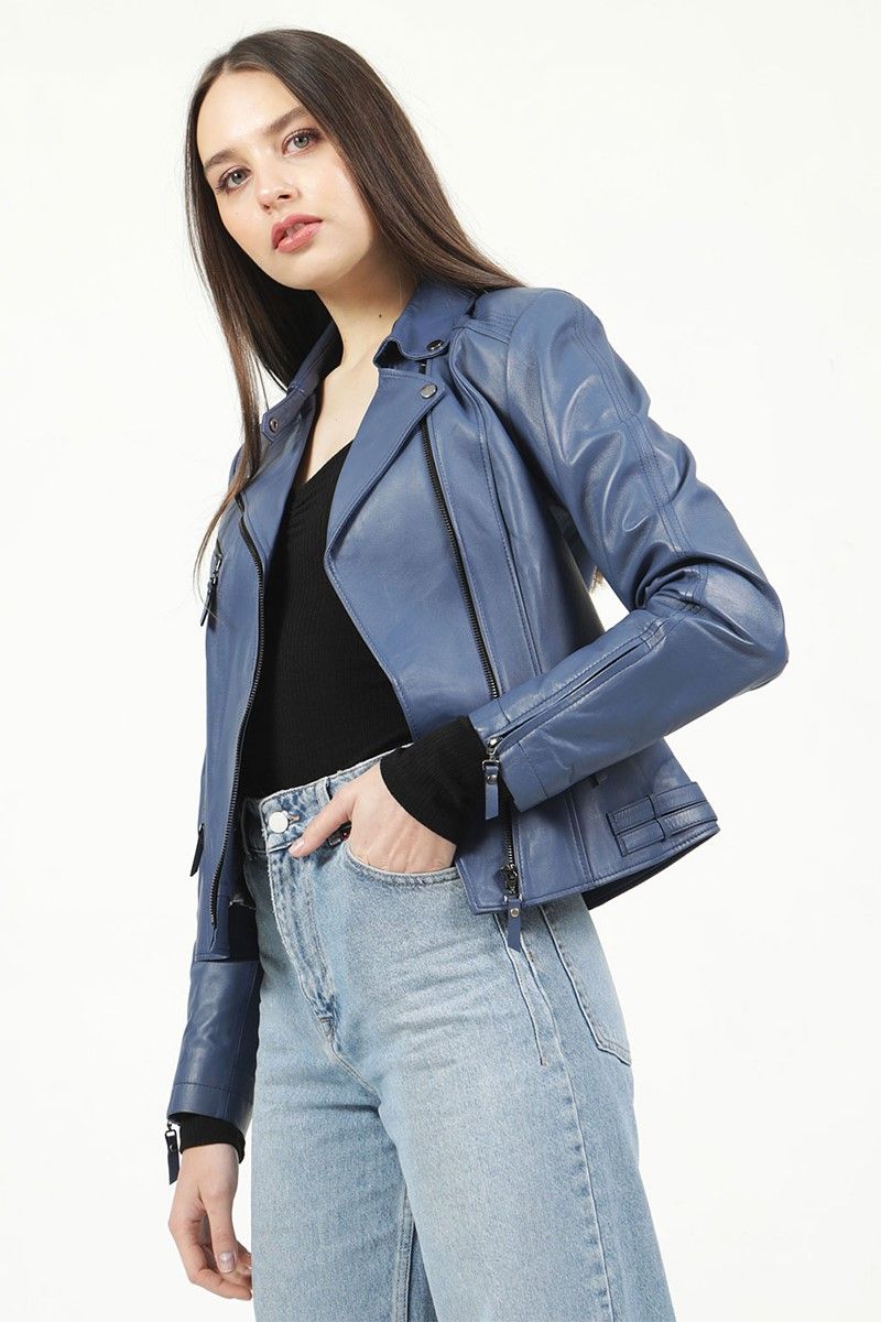 Women's Real Leather Jacket - Blue #319354