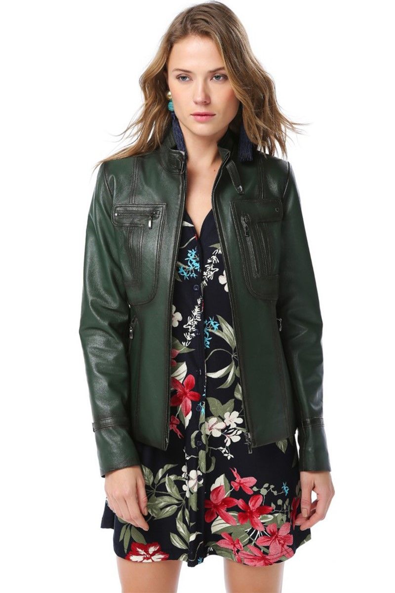 Women's Real Leather Jacket - Dark Green #319375