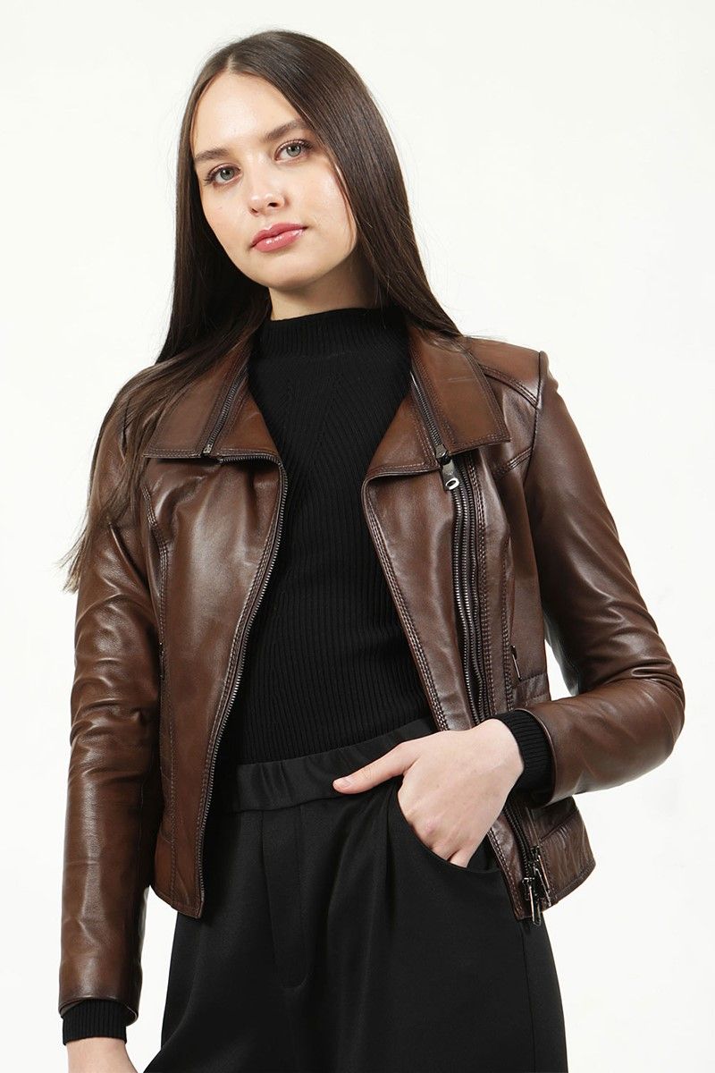 Women's Real Leather Jacket - Dark Brown #317932