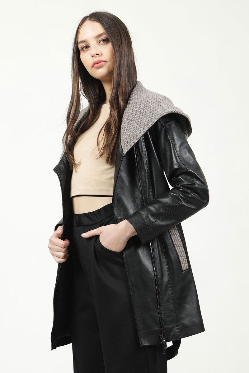 Ženski kaput od prave kože YB-2163/80 - crni #318004