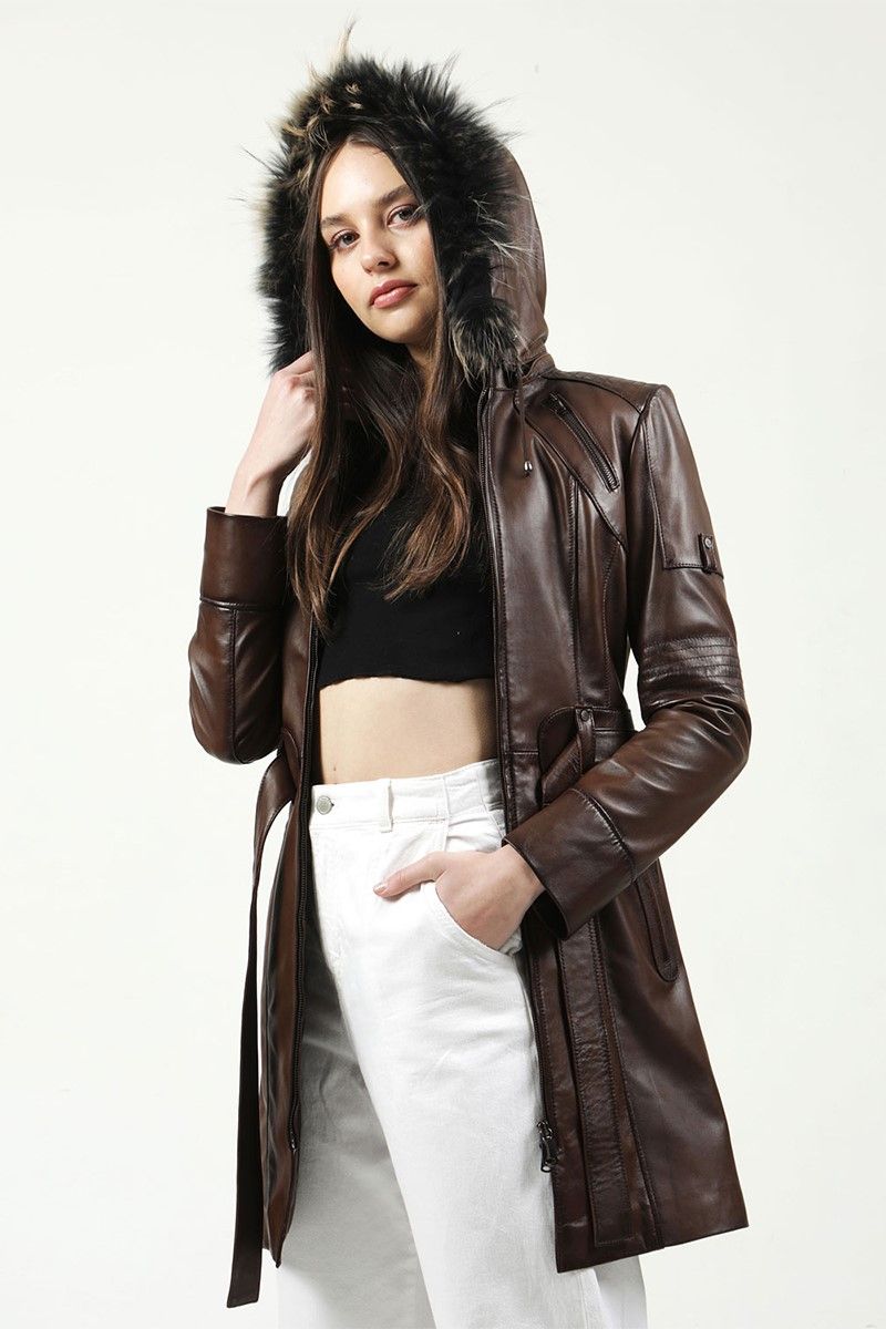 Women's Real Leather Coat - Brown #318020