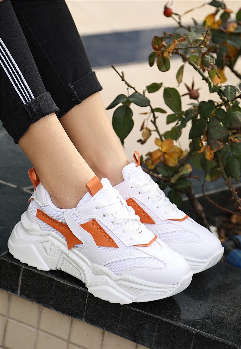 Women's Lace Up Sports Shoes - White with Orange #370194