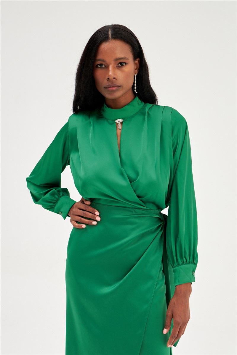 Ženska satenska bluza s dodatkom za ovratnik - zelena #358608
